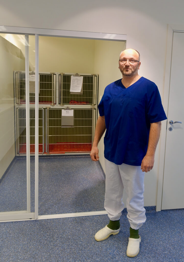 Veterinarian in front of a kennel room with cages at the clinic; the floor is blue seamless acrylic coating