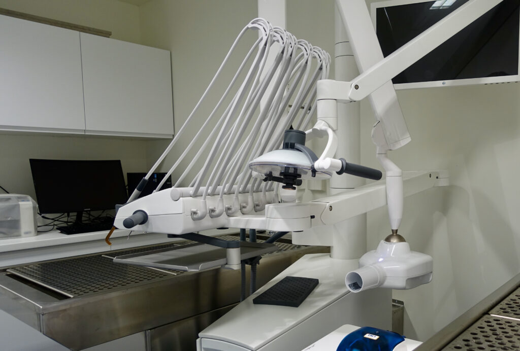 Dental unit with instrument arms above a stainless steel treatment table at the veterinary clinic