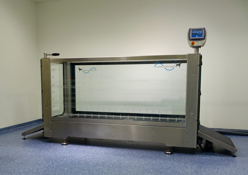 Stainless steel water treadmill for dogs on blue acrylic flooring at the veterinary clinic
