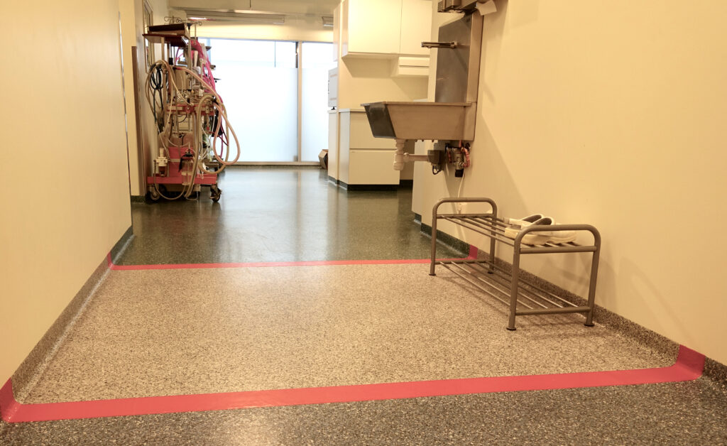 Zone marked with pink stripes in the grey acrylic coating by a steel sink at the veterinary clinic