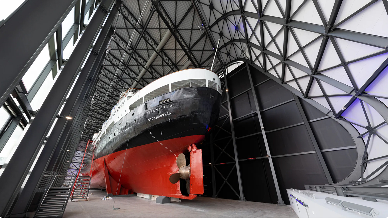 The Hurtigruten ship Finnmarken displayed indoors in the protective building at Stokmarknes